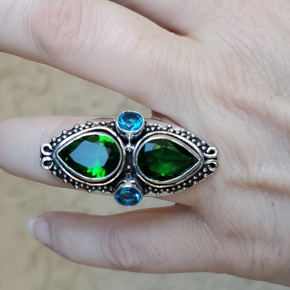New Chrome Diopside and Blue Topaz 925 Silver Statement Ring. - Picture 2 of 16